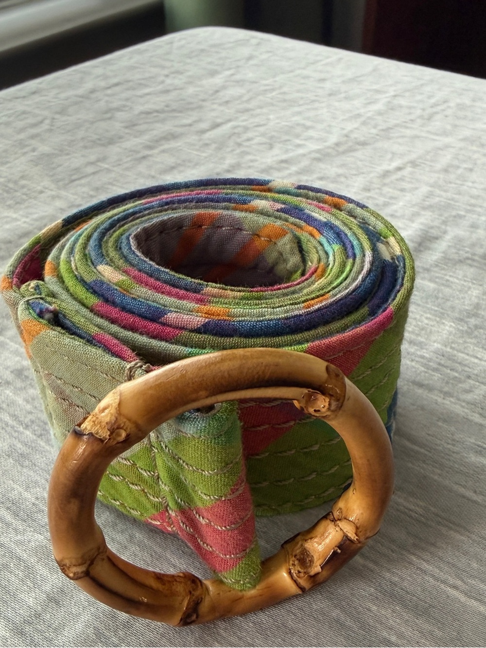Vintage Quilted Madras Plaid Belt | Bamboo Ring Buckle | Multicolor | S/M/L - Picture 7 of 7
